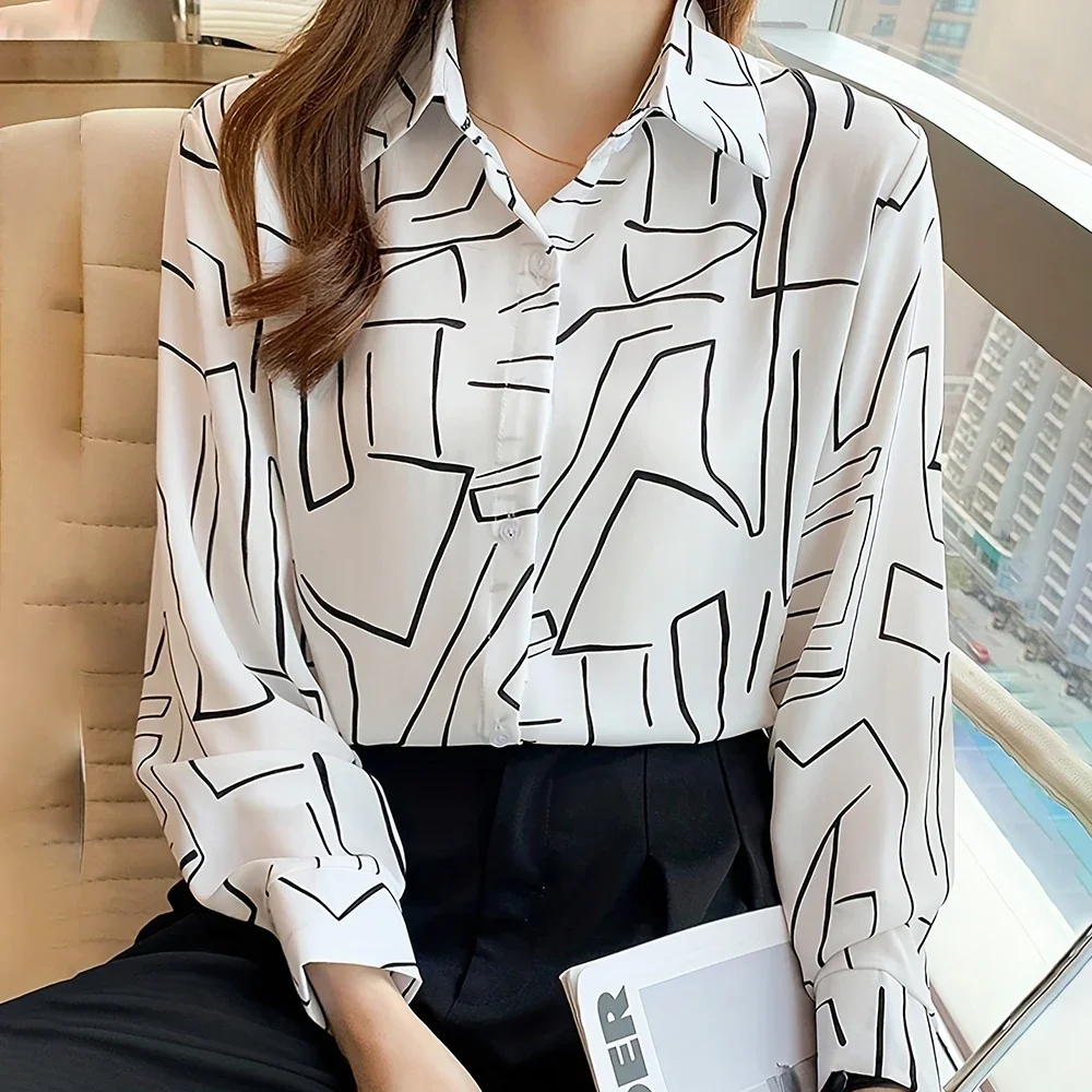 

Women'S Casual Shirt 2024 New Fashion 3D Line Digital Printed Long Sleeve Shirt Women'S Large Size Lapel Button Down Shirt