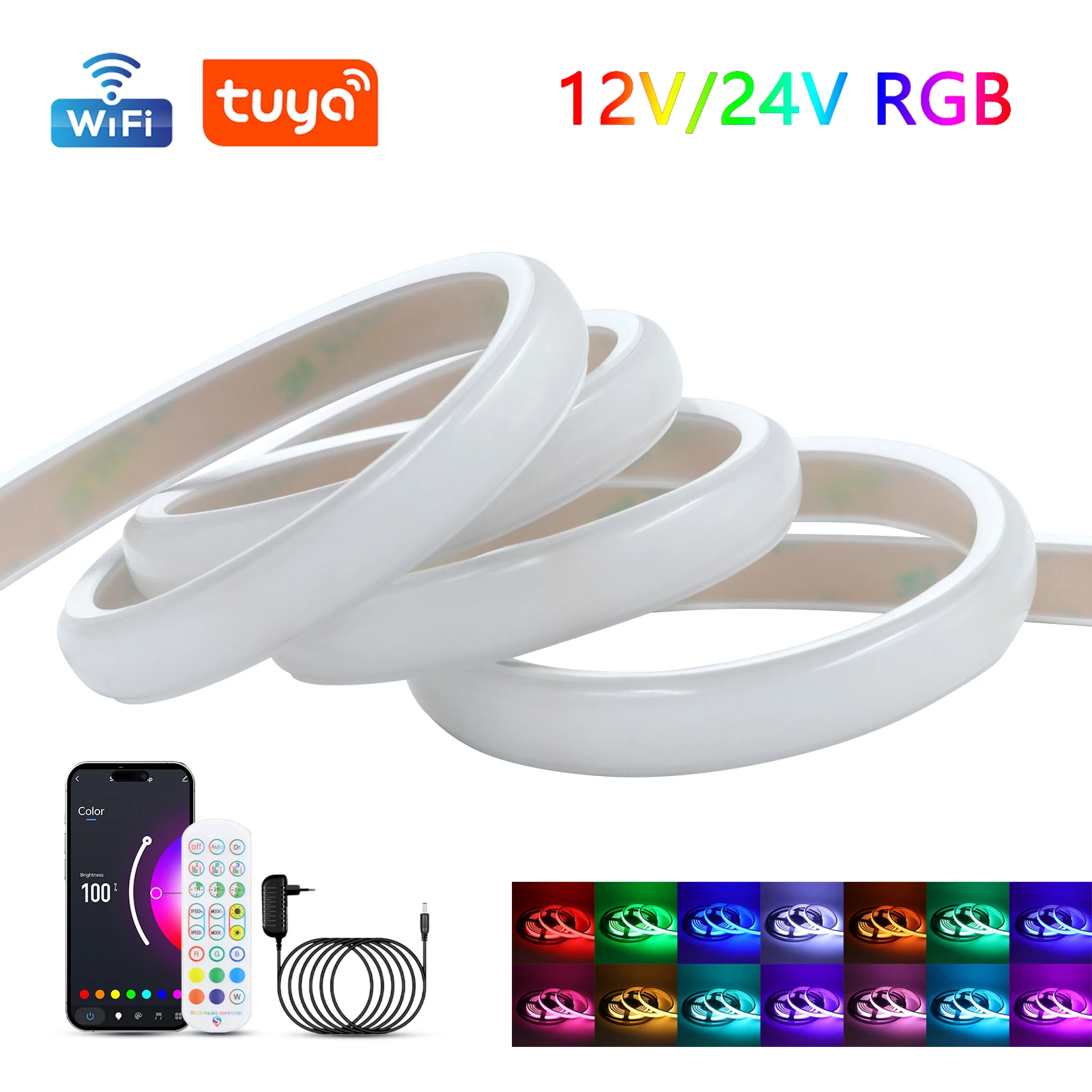 IP67 Waterproof Wifi RGB COB LED Strip Light 24Key Remote Control EU US UK AU Plug Kit 12V 24V 576 LEDs Flex Lamp 0.5m 2m 5m 10m