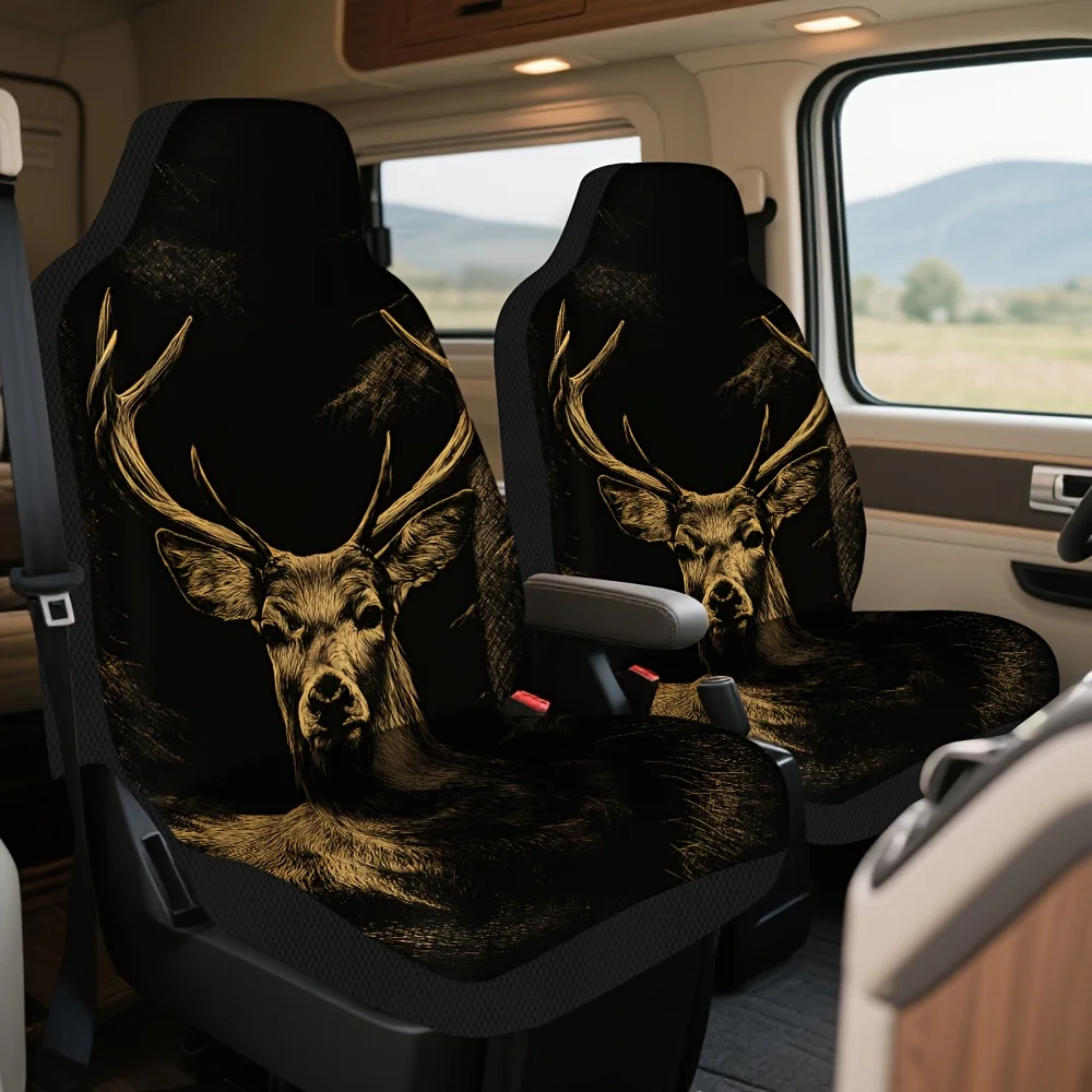 Set Of 2, Elegant Deer In Woodland Design Car Covers – Chic And Resilient Complete Set For 2 Front Seats, Universally Compatible