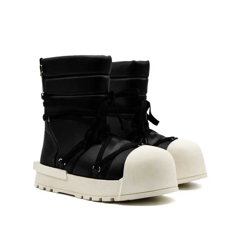 Genuine Leather Men Big Toe High Top Platform Boots Cross Lace Strap Rear Zipper Thick Sole Street Fashion Ankle Boots