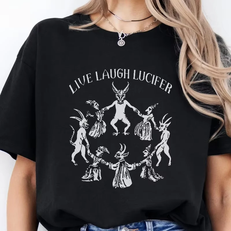 Live Laugh Lucifer Gothic T-Shirt, Witches Sabbath Satanic Graphic Tee, Men Women Alternative Witchcraft Dark Aesthetic Clothing