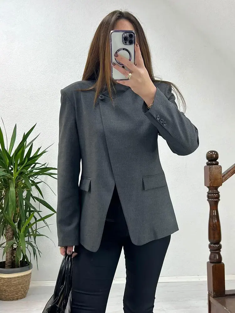 Blazer de Primavera HH 2026 para Mujer, Chaqueta de Traje a Cuadros de Moda, Cuello Alto, Botón Único, Manga Larga, Ropa de Calle Femenina