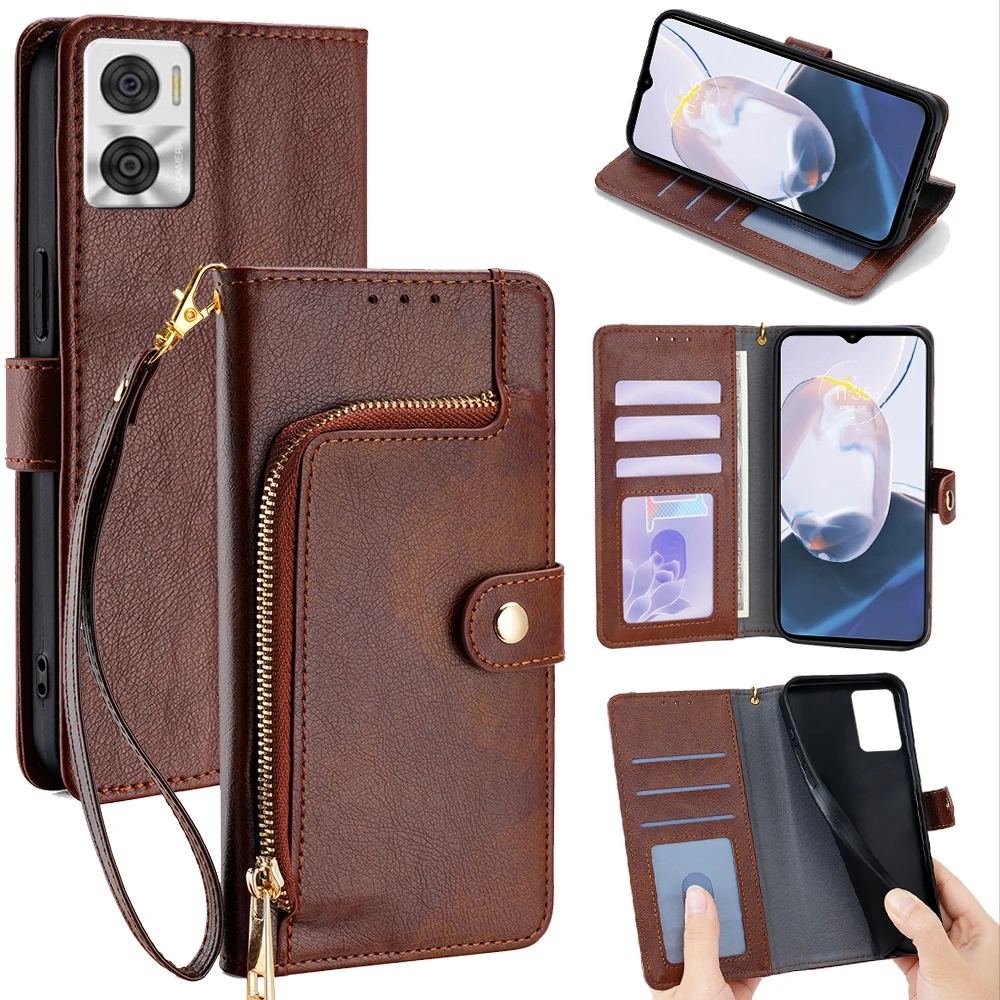 Book Style Zipper Wallet Card Cover For Motorola E22S E32S E13 E22i E22 E40 E30 E20 Leather Flip Phone Case for Moto E13 Funda