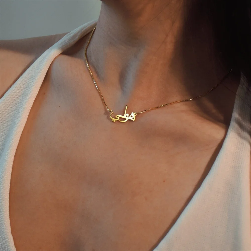 

Tangula Personalize Custom Arabic Name Necklace Stainless Gold Color Handwritten Nameplate Pendant Collar Choker Birthday Gifts