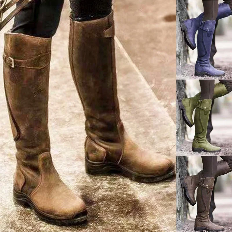 Bottes de chevalier Vintage en cuir à talons bas pour femme, bottes d'équitation à fermeture éclair, longues au genou, mode d'hiver