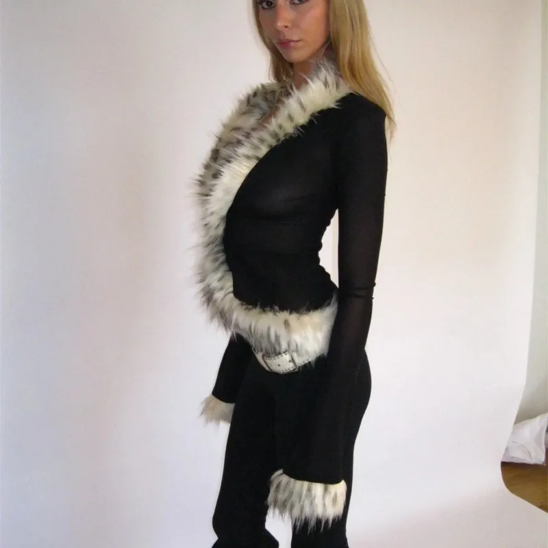 

Women's Faux Fur Patchwork Tops V-Neck Long Sleeve Sheer Mesh T-Shirt Button Down Shirts for Winter Fall Y2K Streetwear