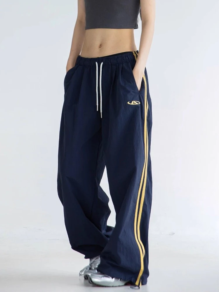 Zoki Vintage Striped Sweatpants Women Y2K Harajuku Wide Leg Pants American Streetwear High Waist Loose Bf Hip Hop Trousers New