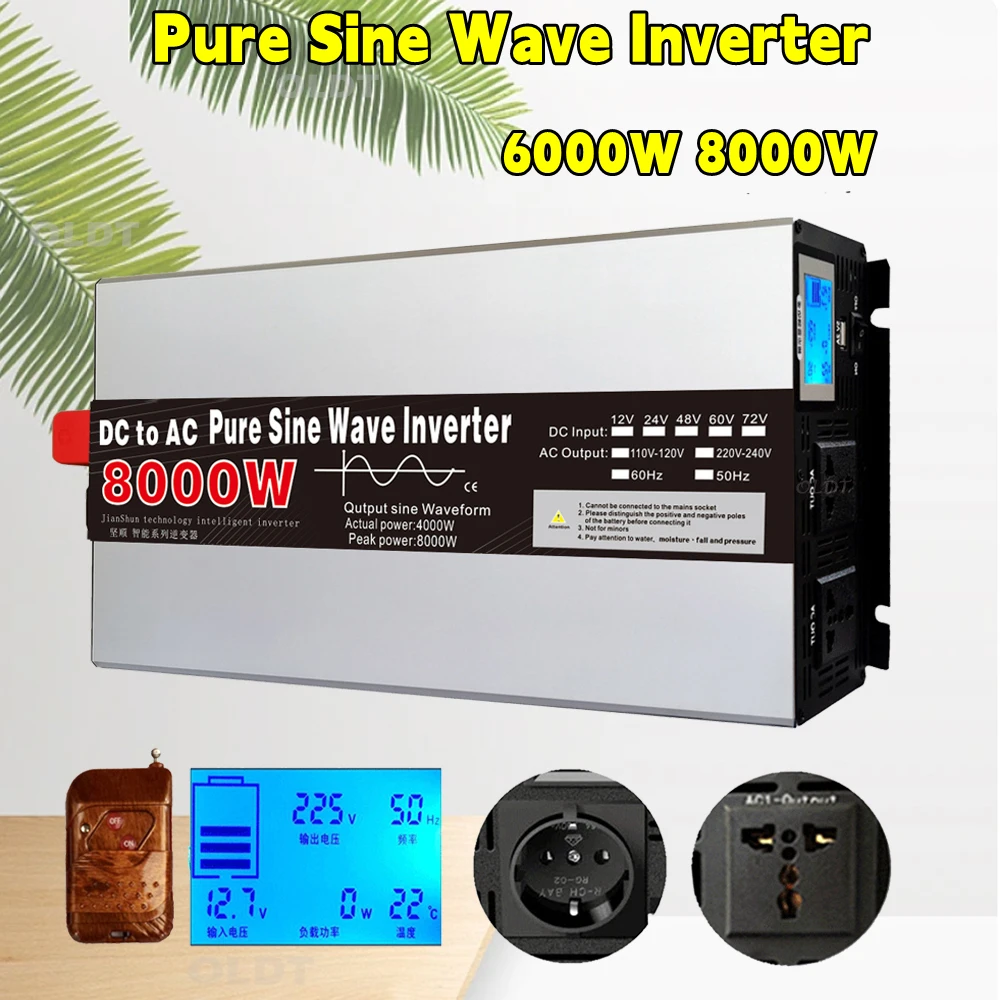 

6000W 8000W Pure Sine Wave Inverter DC12V 24V 24V 48V 60V 72V to AC 220V 230V 110V 60HZ Power Converter Frequency Solar Inverter