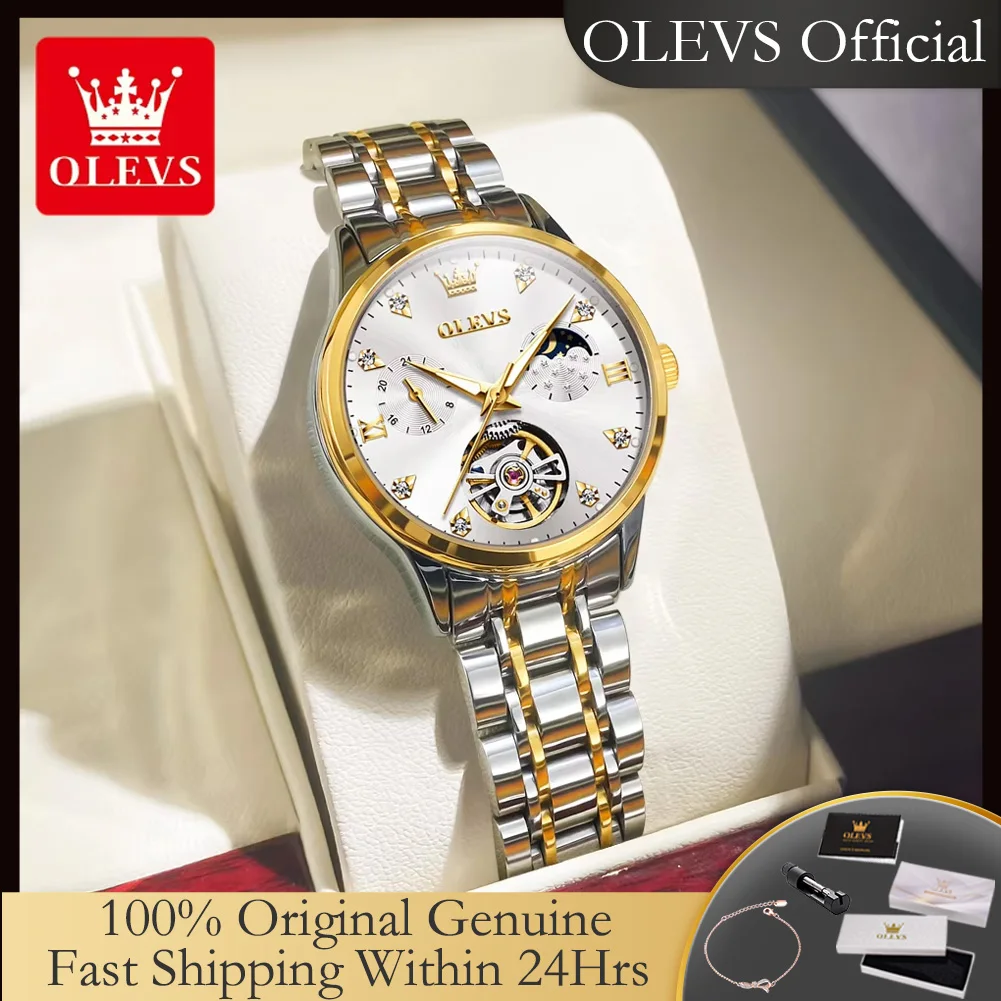 OLEVS 6608 Skeleton Automatic Women's Watches Moon Phase Chronograph Waterproof Luminous Top Luxury Ladies Mechanical Wristwatch