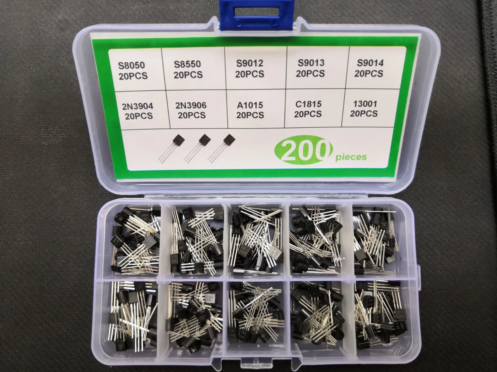 200pcs Transistor Kit Box 10values*20pcs 1015/1815/13001/8050/8550/9012/9013/9014 3904/3906 to-92 Pack Set Assortment