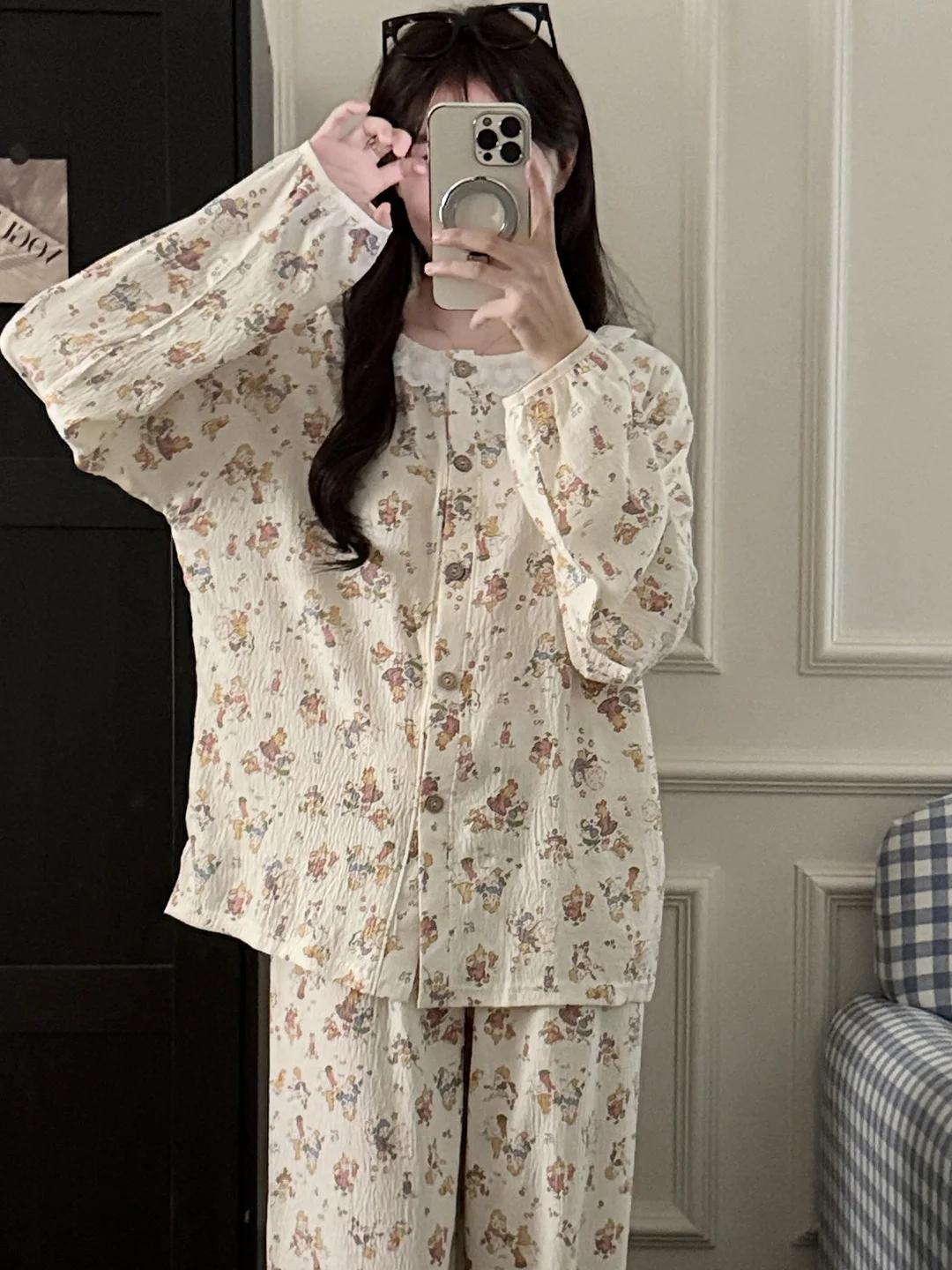 

Cloud Cotton Sleepwear Set for Women Spring Autumn New Long Sleeve Long Pants Cute Cartoon Bear Home Clothes Soft Breathable