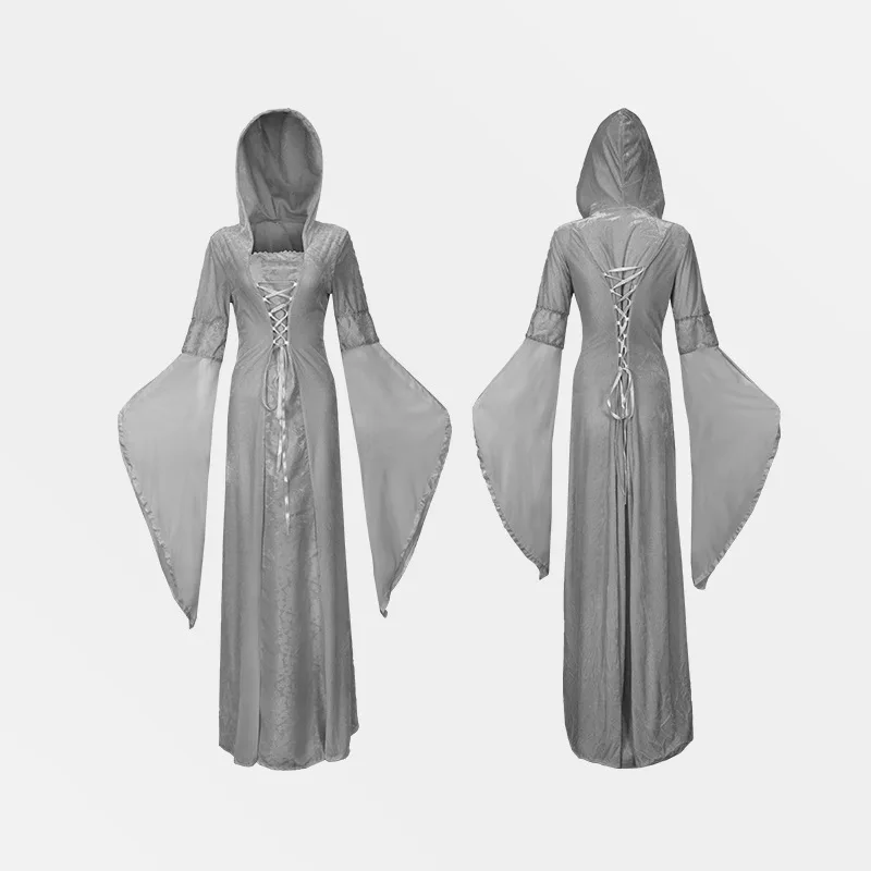 Retro medieval com capuz vestido de veludo emendado cosplay traje para as mulheres roupa halloween carnaval festa vitage roupas role play