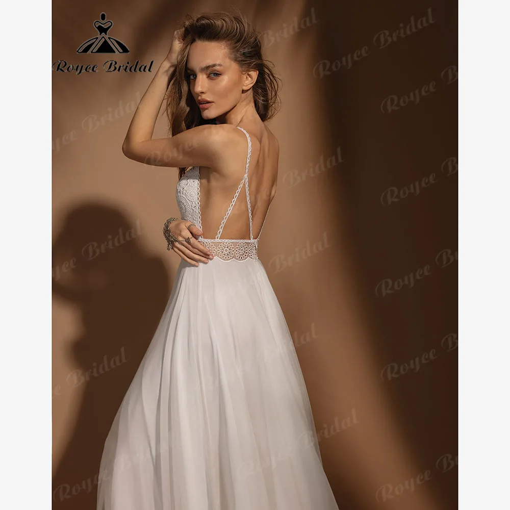 Vestido de novia Sexy de gasa con abertura lateral bohemio de encaje con tirantes finos para mujer, vestido de novia personalizado con espalda descubierta 2025