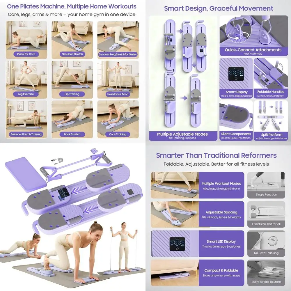 Tabla de Pilates Reformer con ResiBand, Kit de Entrenamiento Completo para el Hogar para Mujeres, Fortalece el Core, Abdominales, Flexiones, Glúteos, Piernas, LED T