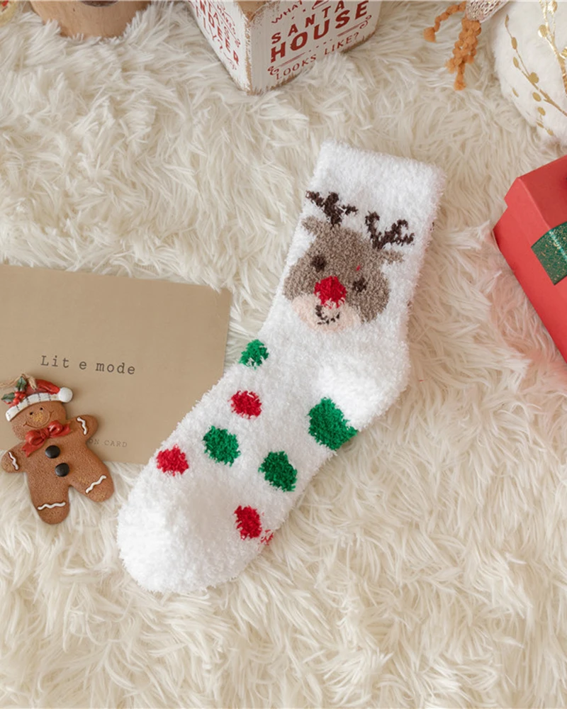 1Pair Christmas Elk Polka Dot Pattern Fuzzy Thermal Socks 2025 Autumn Winter Spring New Fashion Casual