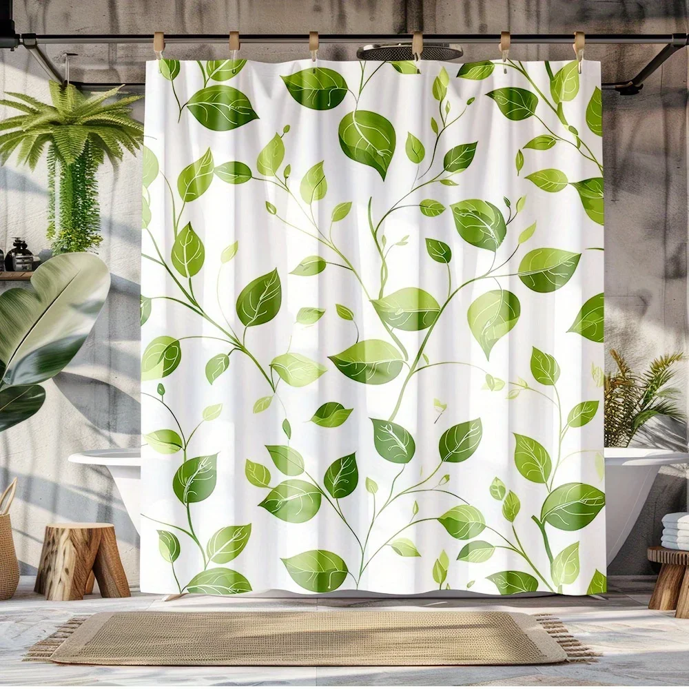 

Цельная занавеска для душа Fresh Green Leaf — полиэфирная ткань с цифровой печатью HD, идеально подходит для украшения ванной комнаты