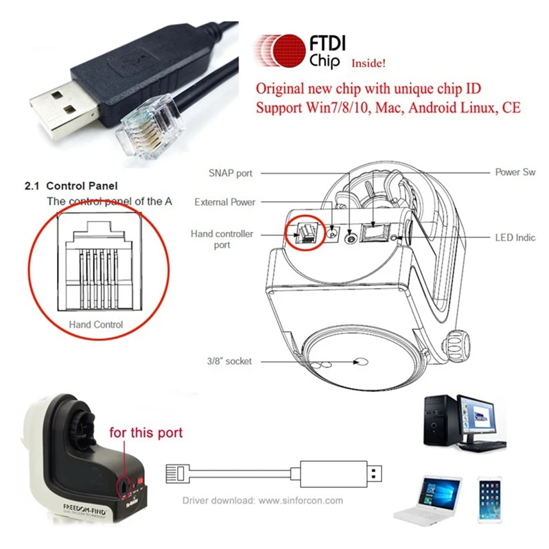 USB To Rj11 Rj12 6P4C Adapter Serial Control Cable EQMOD Cable For Az-Gti Mount Pc Connect For Hand Control Cable