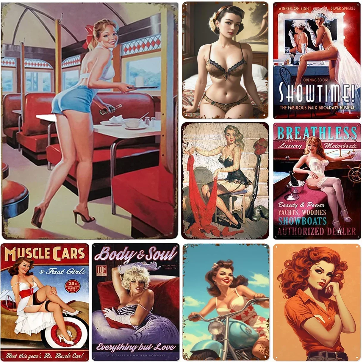 Vintage Pin-up Girls Metall-Blechschild Wanddekoration Sexy Retro Kunstposter für Männerhöhle Zuhause Café Garten Club Bar Eisenmalerei P