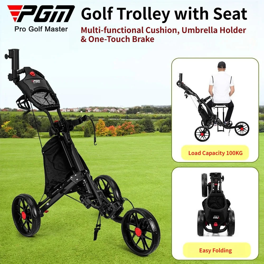 PGM 3Wheel Foldable Golf Bag Trolley With Brake Seat Ice Bag Umbrella Holder and Cup Holder Practical Cart for CourseOutdoor Use