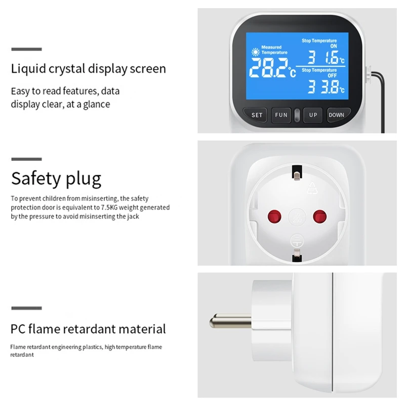 ABBN-Digital Temperature Controller Socket Outlet Thermostat With Sensor Probe Heating Cooling Switch Backlight EU Plug