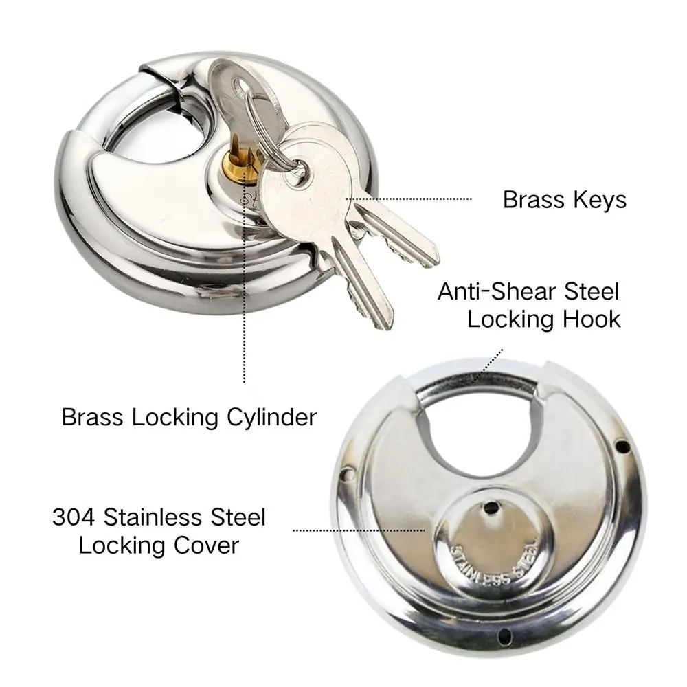 Stainless Steel Disc Locking Padlock with 2 Keys 80/90mm Round Disc Lock Water Resistant Rust Resistant Security Lock