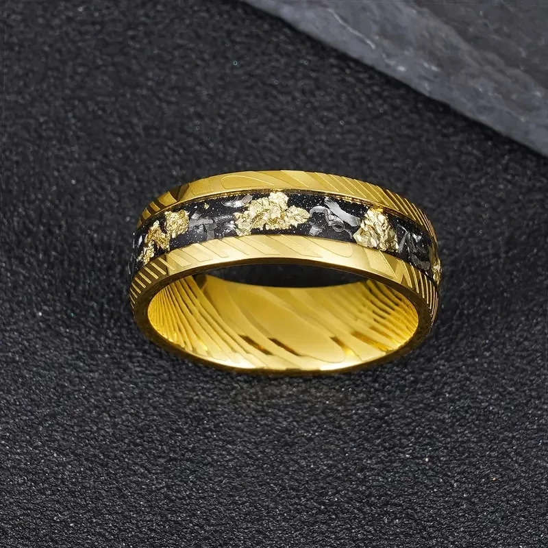 Stunning 8mm Damascus Steel Ring with Golden Leaf & Meteorite Inlay-Perfect for Weddings, Anniversaries & Engagements