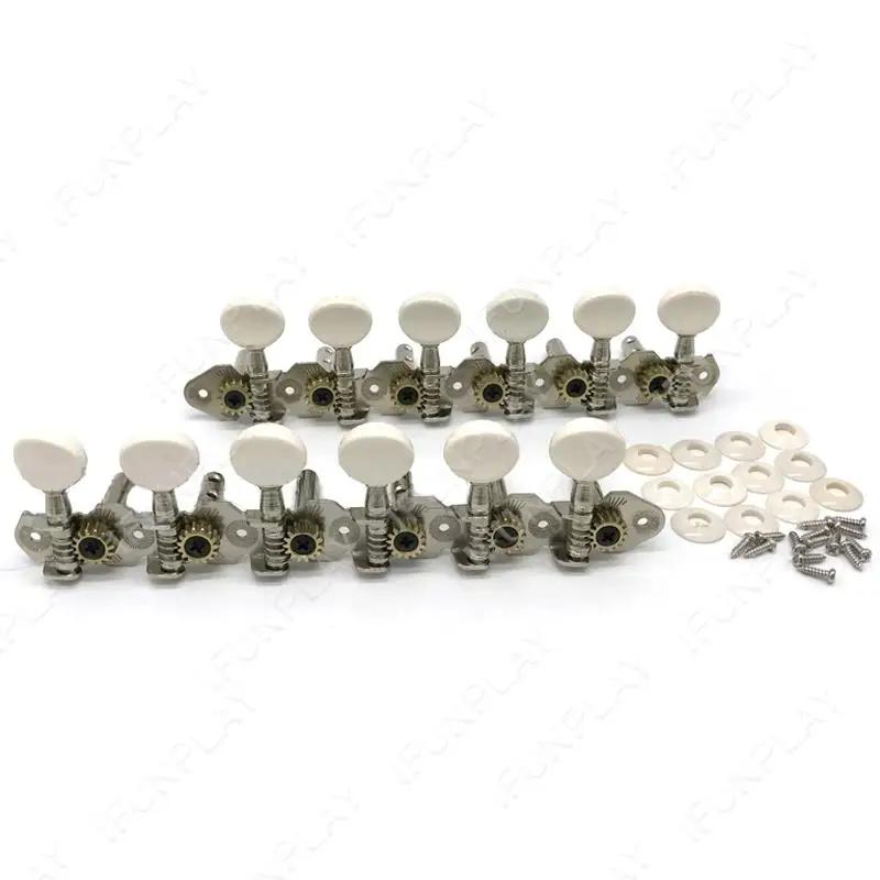 6R6L Stainless Guitar Tuning Peg Machine Heads Tuners with White Plastic Button for Classic Folk Guitar Chrome