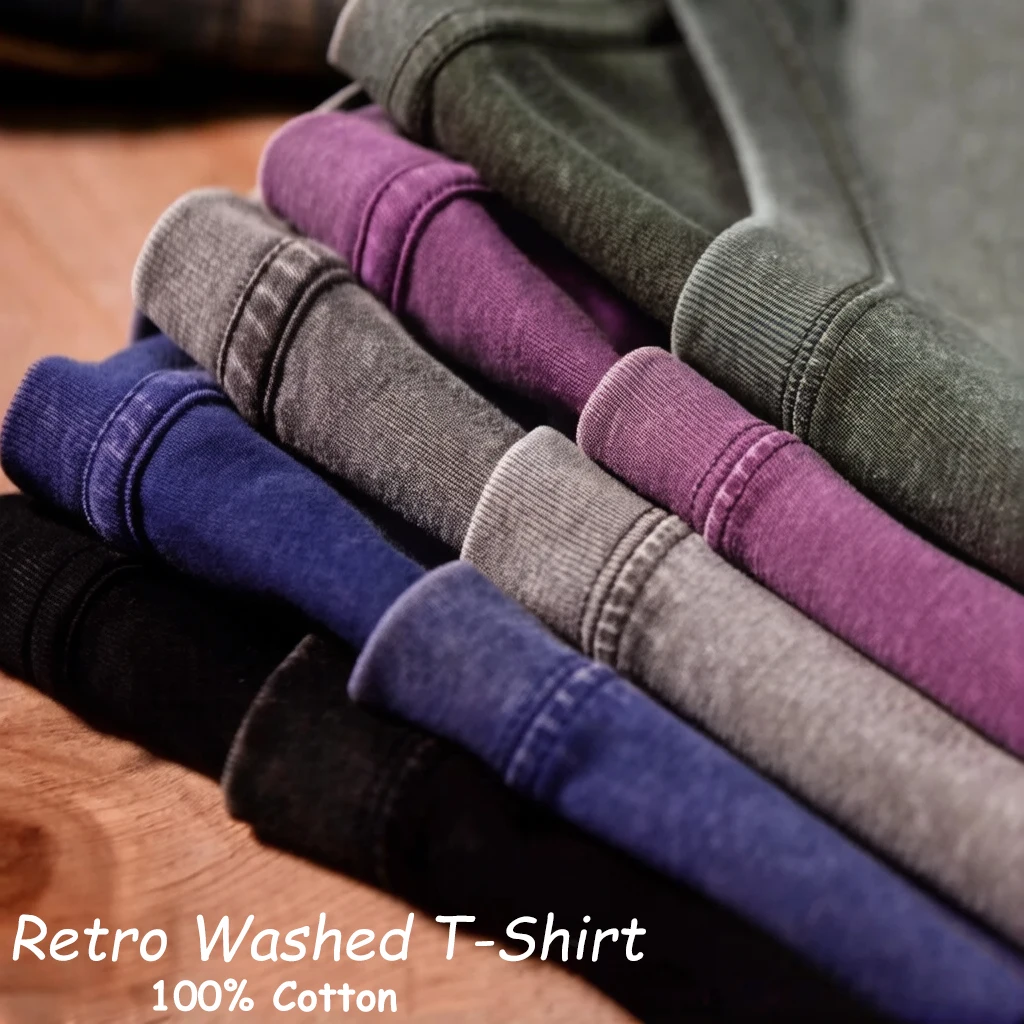 Modisches Vintage Washed T-Shirt für Herren aus Baumwolle, Atmungsaktives Streetwear-Shirt mit Kurzen Ärmeln, Rundhalsausschnitt, Locker Geschnitten, Strand- und Alltags-Oberteil