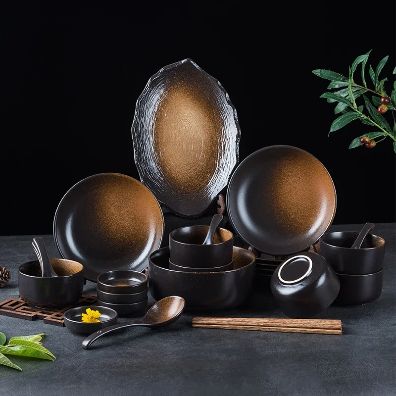 LingAo-Japanese Ceramic Household Bowl, Plate, Spoon, Microwave Cutlery