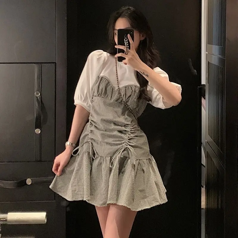 

Summer Women Korean Preppy Puff Sleeve A-line Dress Chic Girls Patchwork Dresses Popular Fashion Holiday Empire Womens Sundress