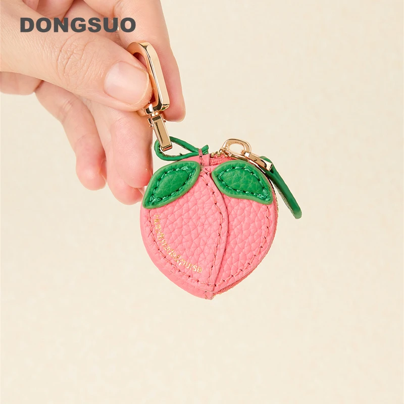 

Peach Fruit Charm coin purse genuine leather cute key chain mini pouch Wallet gift for Airtag girl women 2025 spring summer new