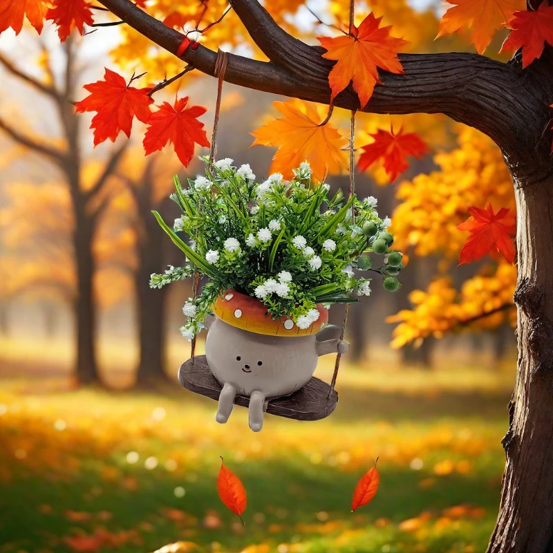 Hanging Planter Swing Face Plant Pot - Cute Resin Head with Drainage Hole Indoor Outdoor Succulent/String of Pearls Flower Pots