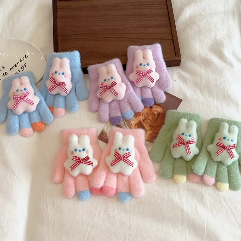 

Kids Winter Gloves Plush Rabbit Five-Finger Thermal Mittens for Snow Play Cute Animal Non-Slip Grip Girls Bike Riding Glove