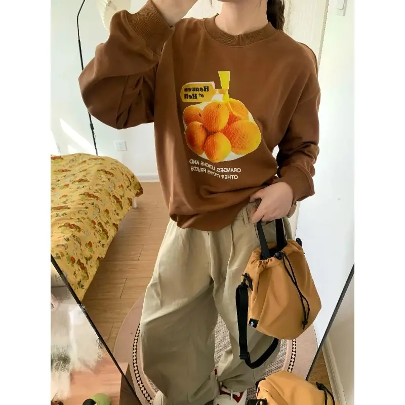 Heavy cotton American retro fun orange men's and women's 2024 fruit print y2k autumn and winter new loose round neck sweatshirt