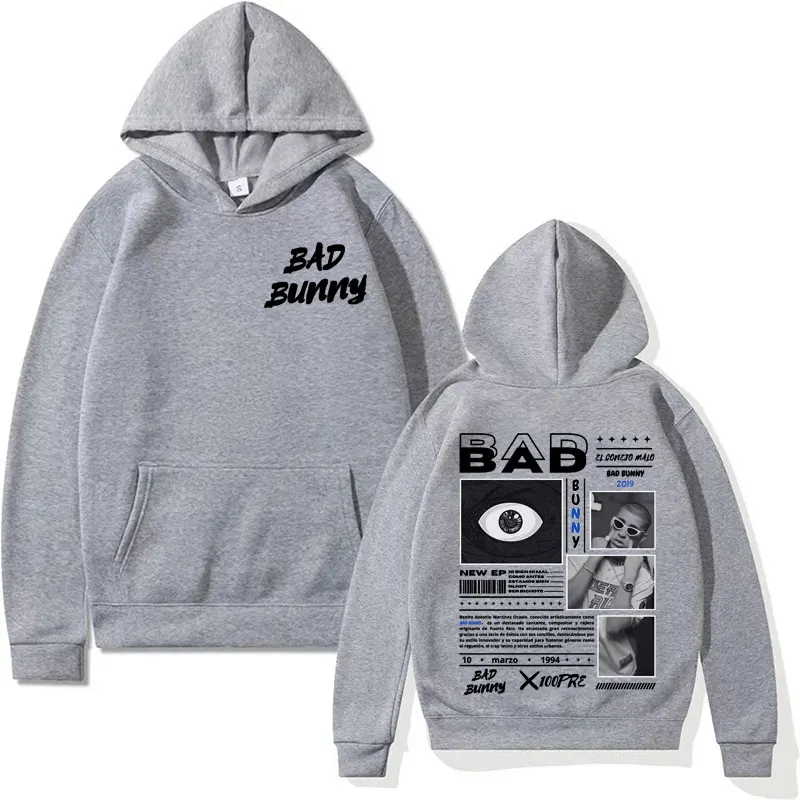 Sudadera con capucha de manga larga para hombre y mujer, suéter con estampado de rapero Bad Bunny, estilo Harajuku, Hip Hop, informal, de gran tamaño