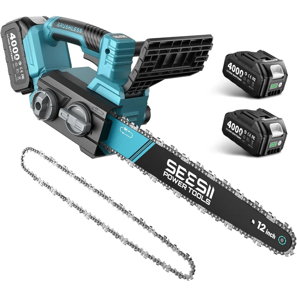 

Electric Chainsaw Cordless 12-inch: Brushless Battery Powered Chainsaw, Includes 2 x 4.0Ah Batteries, Auto-Tension and Oiler
