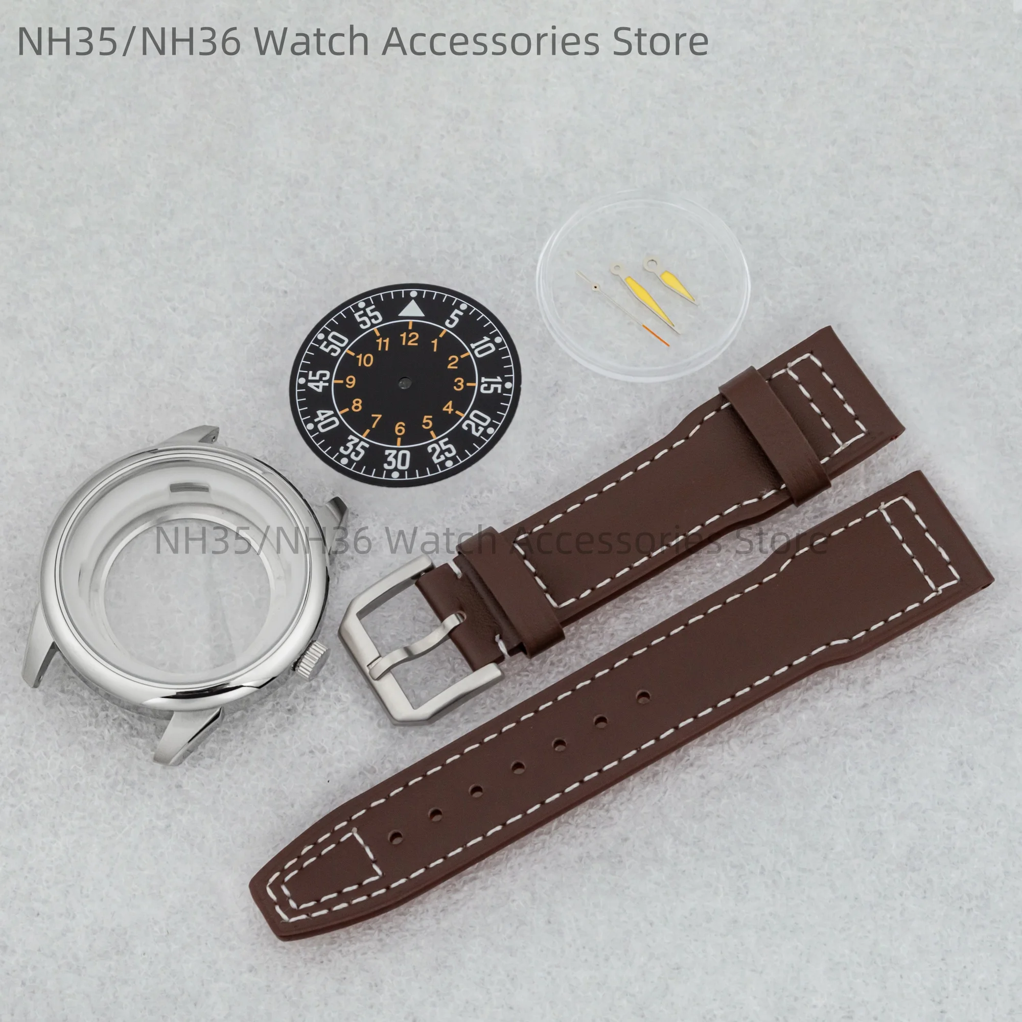 NH35 Case Genuine Leather Watch Strap Luminous Dial Hands 42.7mm Watch Case Stainless Steel for Mark XX fit NH35 NH36 Movement