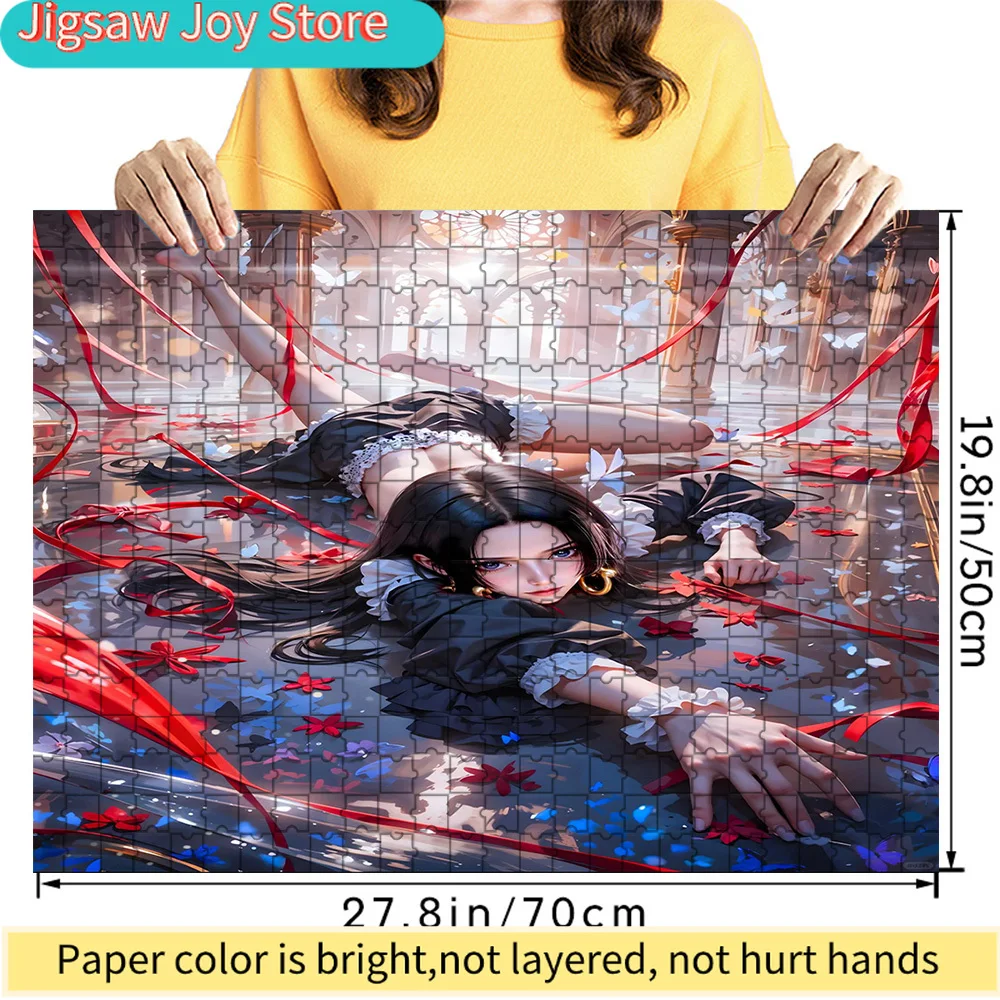

Premium Paper Jigsaw Puzzle Featuring One Piece Boa Hancock Dynamic Artwork with Long Black Hair, Iconic Gold Earrings, a Striki