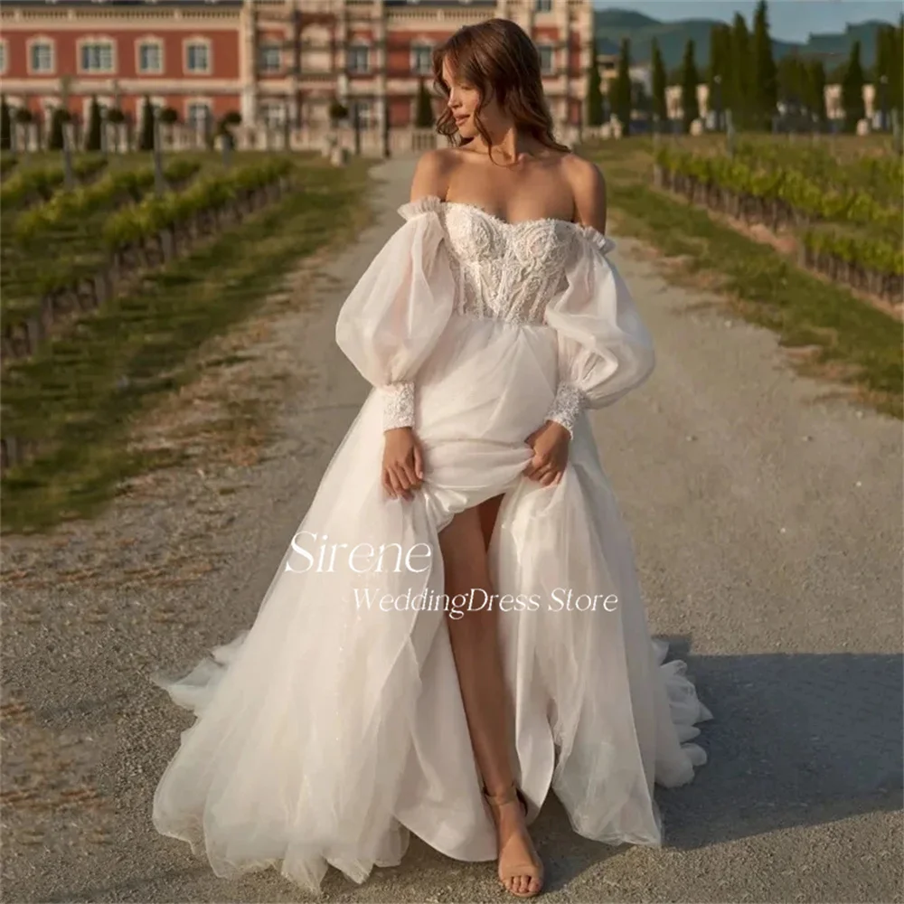 

Sirene Exquisite Lace Applique Off Shoulder Fluffy Sleeve Tulle Wedding Dress Elegant A-Line Sweetheart Floor Length Bridal Gown