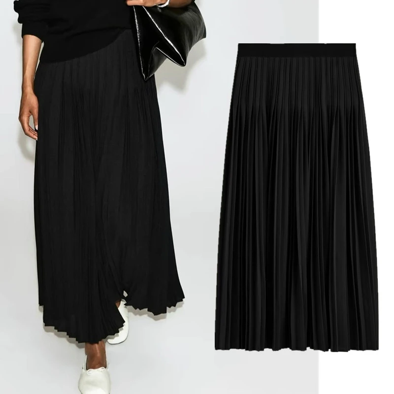 Maxdutti South French Lazy Texture Pleated Crepe Skirt Black Minimalist Women's Cloth Women's Skirt Woman Clothing Faldas Skirts