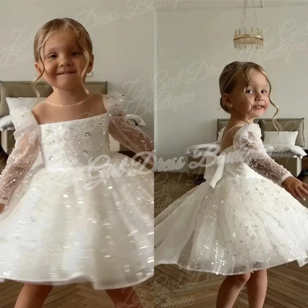 Cute White Sheer Long Sleeve Sequins Flower Girl Dress Big Back Bow Kids Wedding Pageant First Communion Birthday Custom Gowns