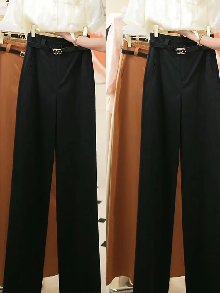 بنطلون بدلة نسائي من قماش التنسل والقطن بلون الكاكي، خصر عالي، تصميم نحيف مستقيم الساق، موديل جديد للخريف والشتاء، بنطلون أني...