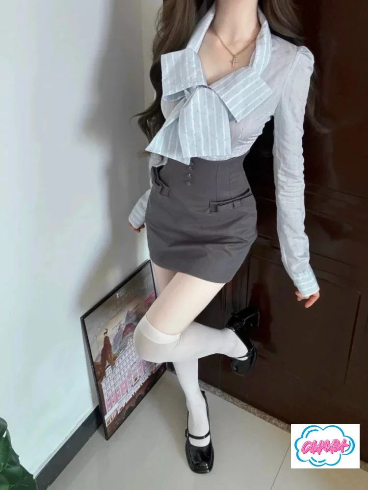 Costume de Style collégial du département coréen, jupe courte brodée de haute qualité avec gros nœud, chemise Lolita douce et mignonne à manches longues pour femmes