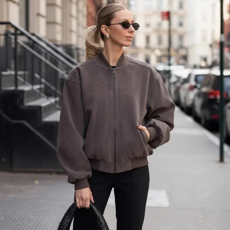 Women's Vintage Suede Bomber Jacket With Stand Collar Long Sleeve And Zipper Closure Autumn Winter High Street Fashion Outerwear