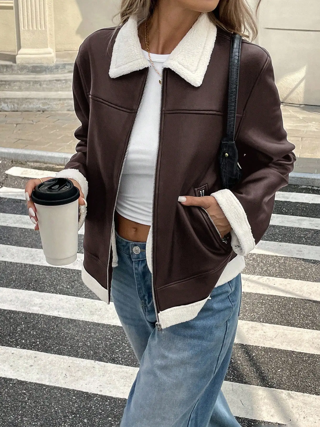 

Women's Brown PU Leather Zip-Up Jacket with Borg Collar for Autumn Winter Casual Wear