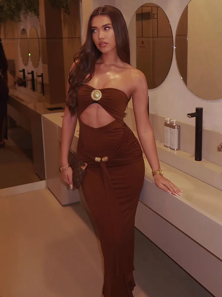 โลหะที่ไม่มีสายหนัง Hollow Out Maxi ชุดผู้หญิง Shirring ริบบิ้น Backless Bodycon หลอดชุดยาว Elegant Party Clubwear