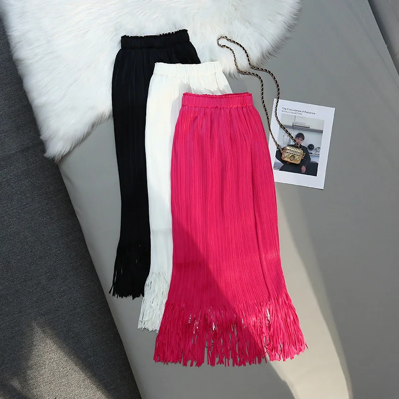 

High Waist Elegant Tassel Women's Pleated Long Skirts 2023 New Spring Summer Solid Korean Style Umbrella A-Line Skirts Female