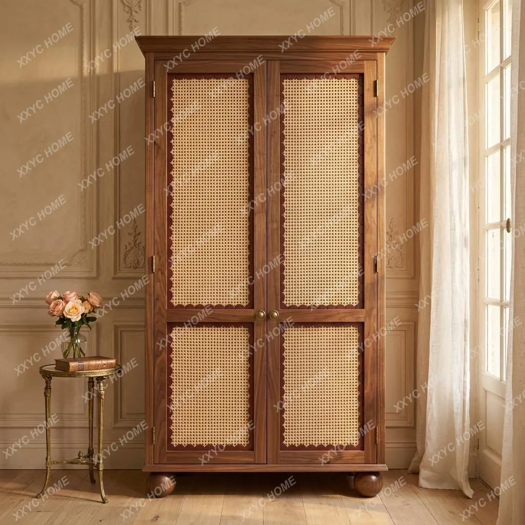 French Rattan Solid Wood Wardrobe Home Closet Children Room Storage Cabinet Small Apartment Narrow Bedroom