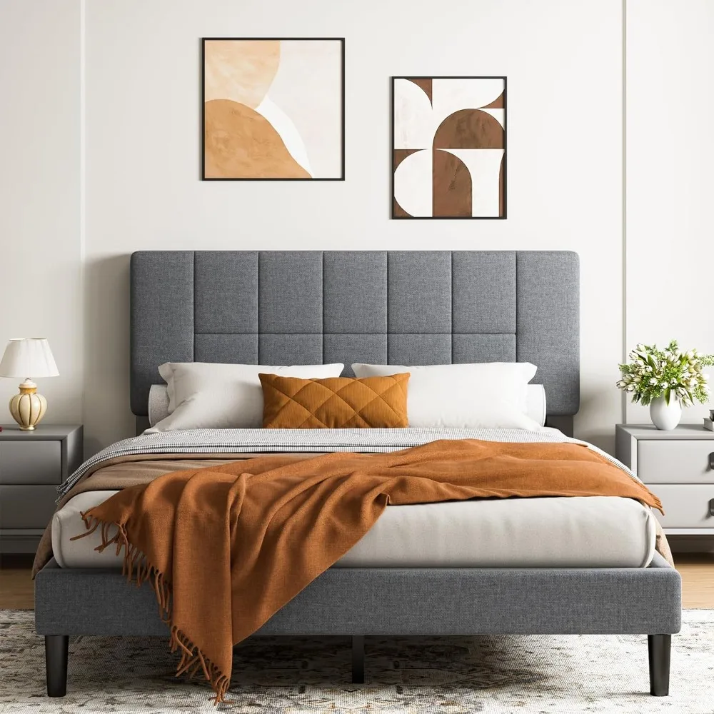 

Queen Size Bed Frame, Sturdy and Durable with 12 Support Legs,Beds Frame with Solid Wooden Upholstered Adjustable Headboard