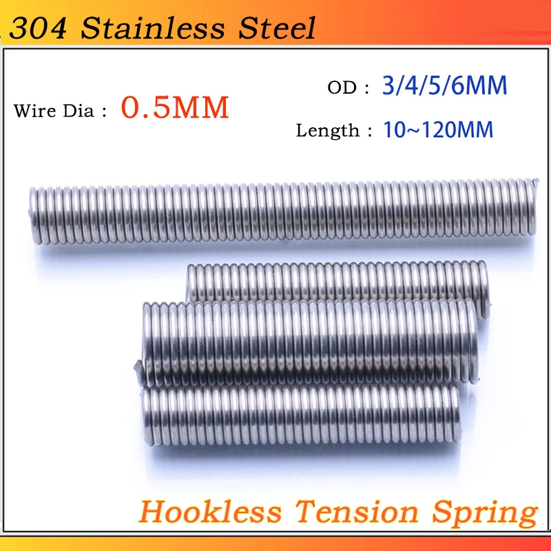 

304 Stainless Steel Hookless Tension Spring Pullback Extension Expansion Spring 10~100pcs Wire Dia 0.5MM OD 3~6MM L:10~120MM